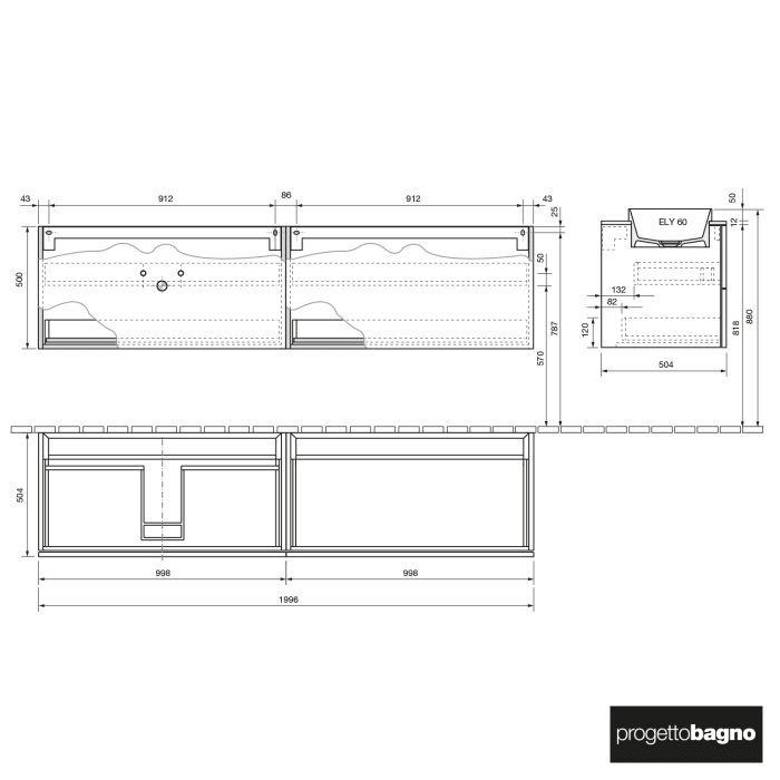 progettobagno Elba Unterschrank 200 cm, Ausführung links  mit Glasplatte , Hahnlochbohrung und ELY 60 Einbauwaschtisch
