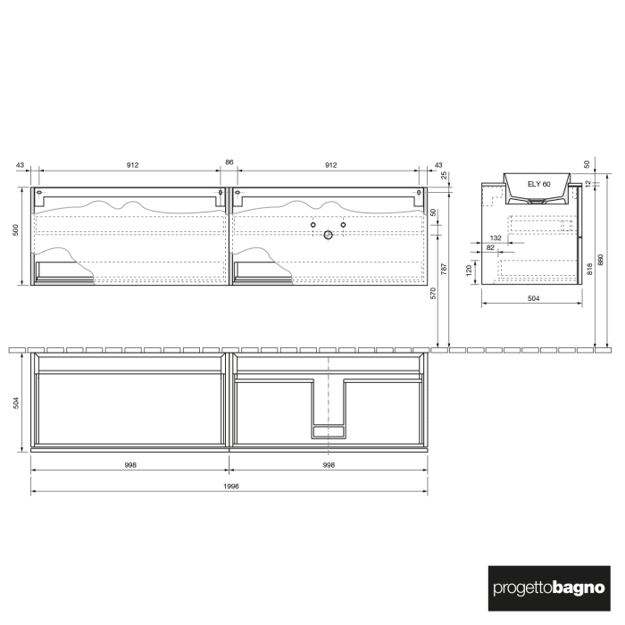 progettobagno Elba Unterschrank 200 cm, Ausführung rechts  mit Glasplatte ohne Hahnlochbohrung und ELY 60 Einbauwaschtisch