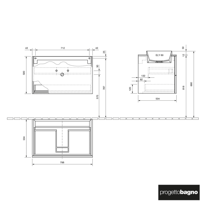 progettobagno Elba Unterschrank 80 cm mit Glasplatte ohne Hahnlochbohrung und ELY 60 Einbauwaschtisch
