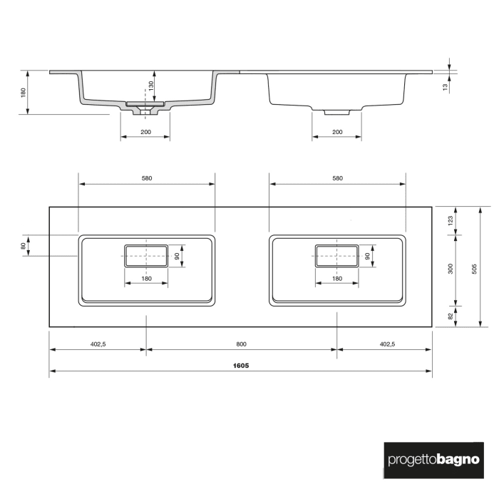progettobagno Elba Lago Doppel-Waschtisch mit Unterschrank 160 cm ohne Hahnloch
