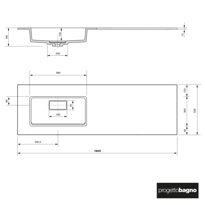 progettobagno Elba Lago Waschtisch mit Unterschrank 160 cm, Ausführung links ohne Hahnloch
