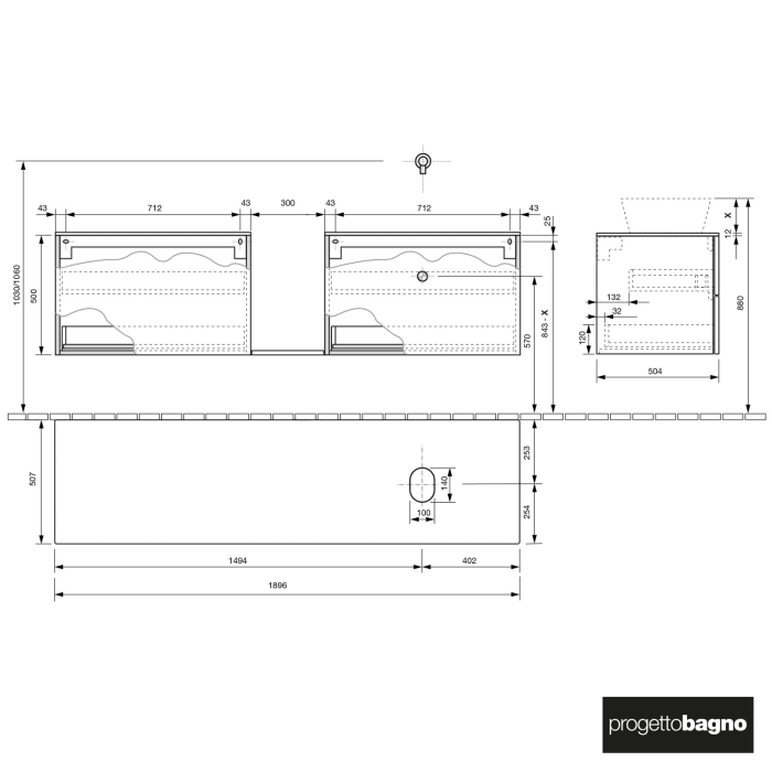 progettobagno Elba Modular Glass, Ausführung rechts Waschtischkonsole 190 cm ohne Hahnlochbohrung