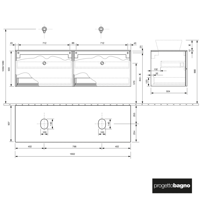 progettobagno Elba Modular Glass Doppel  Waschtischkonsole 160 cm ohne Hahnlochbohrung