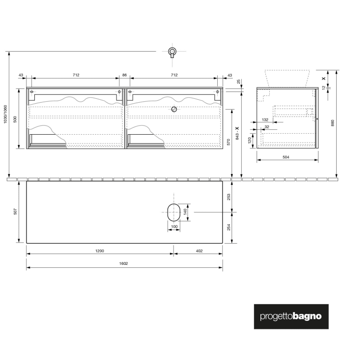 progettobagno Elba Modular Glass, Ausführung rechts Waschtischkonsole 160 cm ohne Hahnlochbohrung
