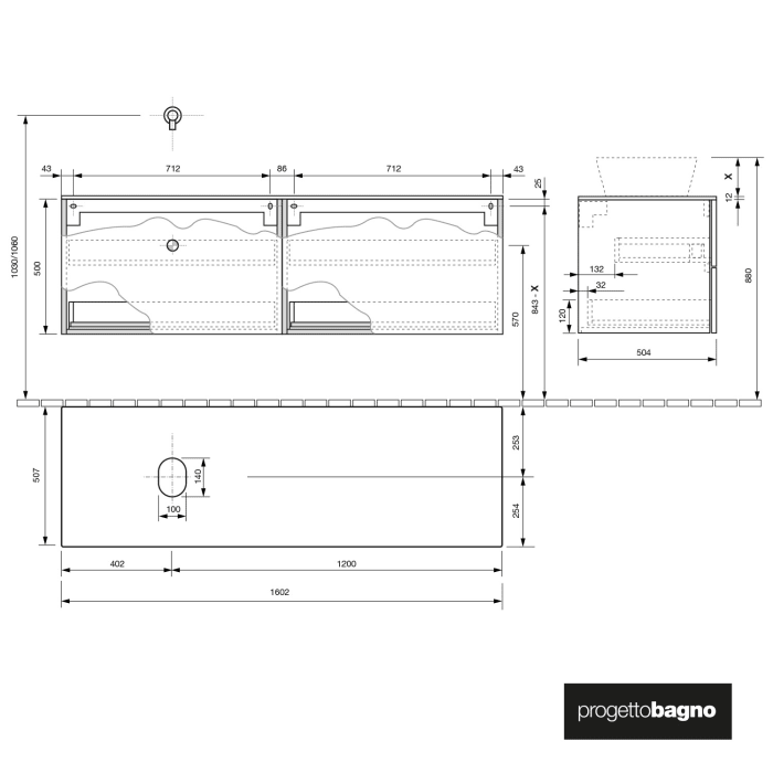 progettobagno Elba Modular Glass, Ausführung links  Waschtischkonsole 160 cm ohne Hahnlochbohrung