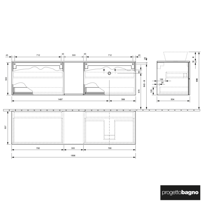 progettobagno Elba Modular Waschtischkonsole 190 cm, Ausführung rechts