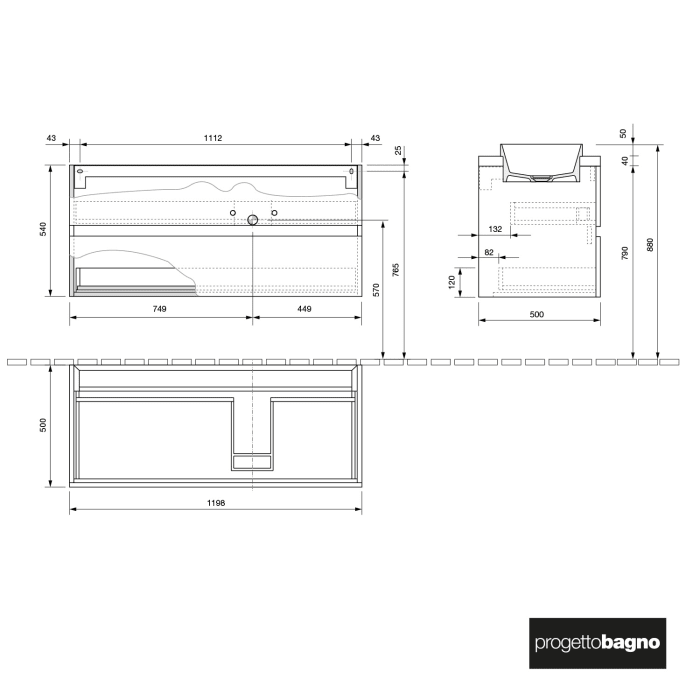 progettobagno Evo Terra Unterschrank 120 cm mit Platte in Holzdekor, Hahnlochbohrung und ELY 60 Einbauwaschtisch , Ausführung rechts