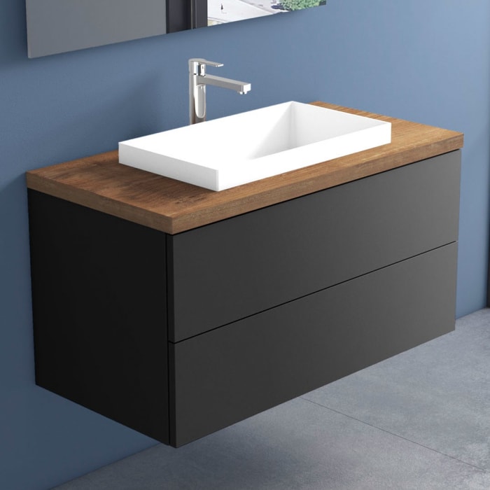 progettobagno Elba Terra Unterschrank 100 cm mit Platte in Holzdekor, Hahnlochbohrung und ELY 60 Einbauwaschtisch