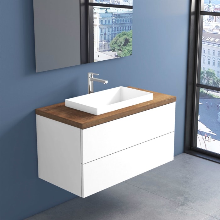 progettobagno Elba Terra Unterschrank 100 cm mit Platte in Holzdekor, Hahnlochbohrung und ELY 60 Einbauwaschtisch