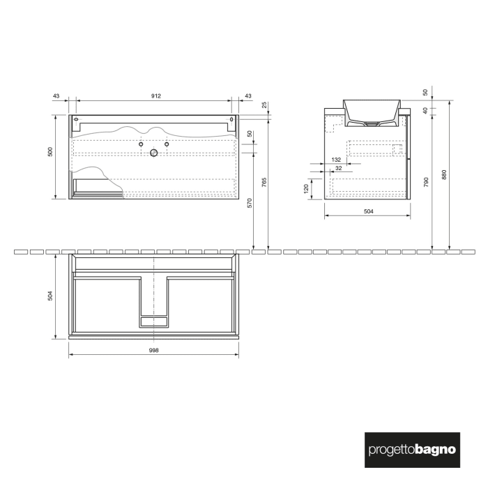 progettobagno Elba Terra Unterschrank 100 cm mit Platte in Holzdekor, Hahnlochbohrung und ELY 60 Einbauwaschtisch