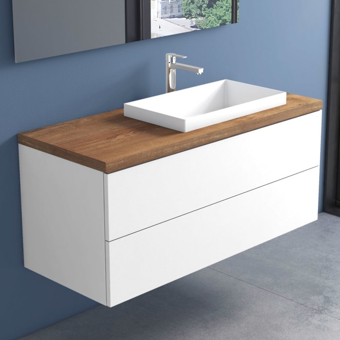 progettobagno Elba Terra Unterschrank 120 cm mit Platte in Holzdekor, Hahnlochbohrung und ELY 60 Einbauwaschtisch , Ausführung rechts