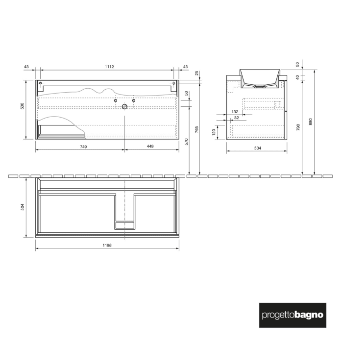 progettobagno Elba Terra Unterschrank 120 cm mit Platte in Holzdekor, ohne Hahnloch und ELY 60 Einbauwaschtisch , Ausführung rechts