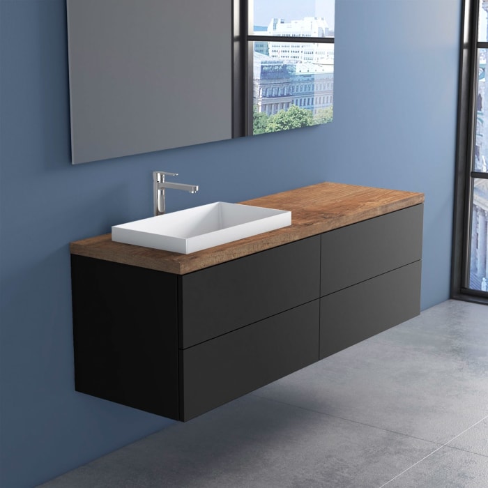 progettobagno Elba Terra Unterschrank 160 cm mit Platte in Holzdekor,  Hahnlochbohrung und ELY 60 Einbauwaschtisch , Ausführung links