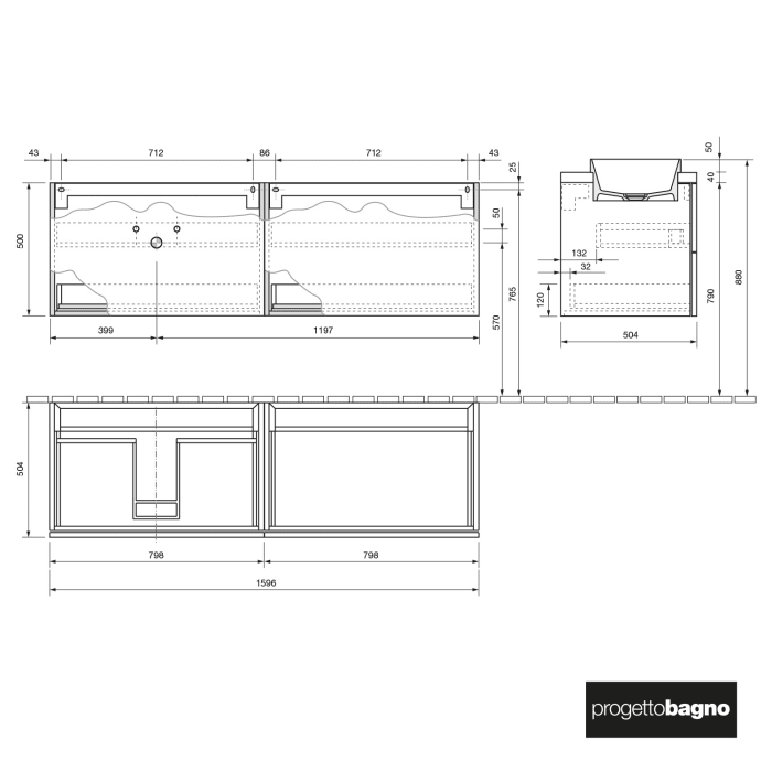 progettobagno Elba Terra Unterschrank 160 cm mit Platte in Holzdekor, ohne Hahnloch und ELY 60 Einbauwaschtisch , Ausführung links