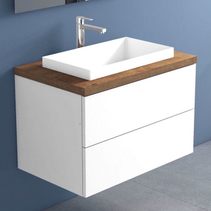 progettobagno Elba Terra Unterschrank 80 cm mit Platte in Holzdekor, Hahnlochbohrung und ELY 60 Einbauwaschtisch