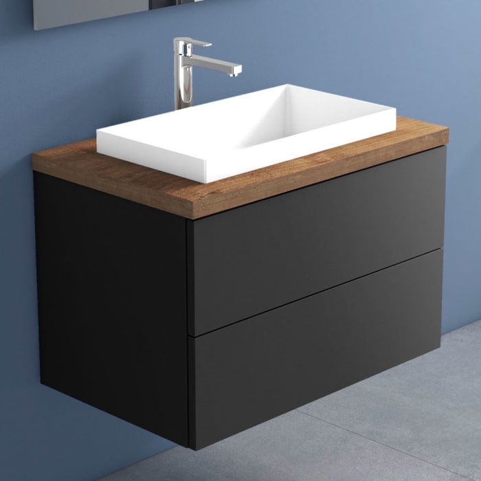 progettobagno Elba Terra Unterschrank 80 cm mit Platte in Holzdekor, Hahnlochbohrung und ELY 60 Einbauwaschtisch