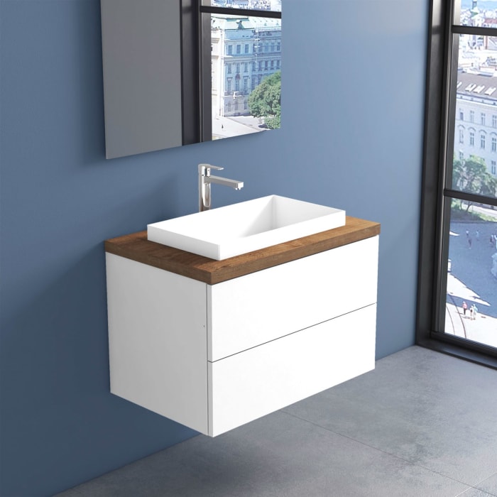 progettobagno Elba Terra Unterschrank 80 cm mit Platte in Holzdekor, Hahnlochbohrung und ELY 60 Einbauwaschtisch