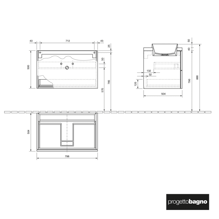 progettobagno Elba Terra Unterschrank 80 cm mit Platte in Holzdekor, Hahnlochbohrung und ELY 60 Einbauwaschtisch