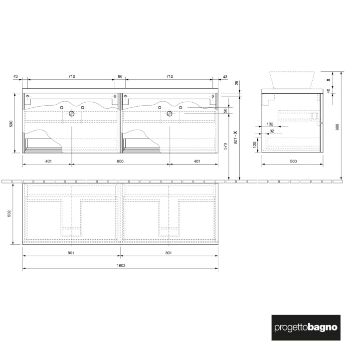 progettobagno Elba Terra Waschtischkonsole 160 cm mit Platte in Holzdekor