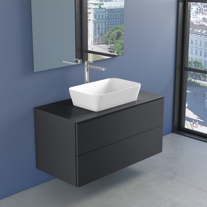 progettobagno Elba Unterschrank 100 cm mit Glasplatte, Hahnlochbohrung und FLY 56 Aufsatzwaschtisch