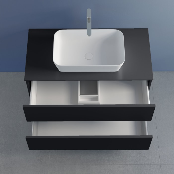 progettobagno Elba Unterschrank 100 cm mit Glasplatte, Hahnlochbohrung und FLY 56 Aufsatzwaschtisch