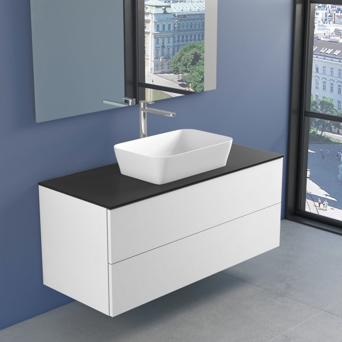 progettobagno Elba Unterschrank 120 cm mit Glasplatte, Hahnlochbohrung und FLY 56 Aufsatzwaschtisch