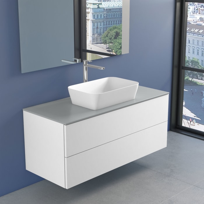 progettobagno Elba Unterschrank 120 cm mit Glasplatte, Hahnlochbohrung und FLY 56 Aufsatzwaschtisch