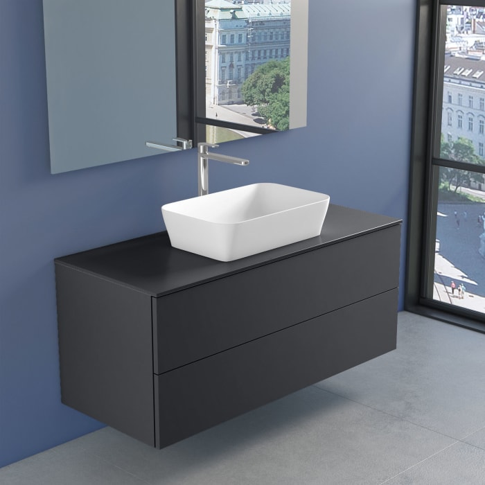 progettobagno Elba Unterschrank 120 cm mit Glasplatte, Hahnlochbohrung und FLY 56 Aufsatzwaschtisch