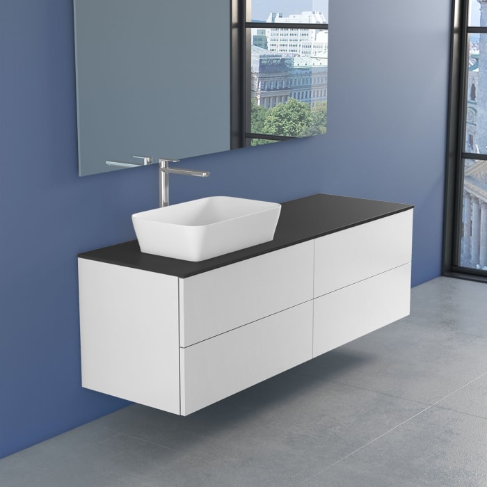 progettobagno Elba Unterschrank 160 cm Links mit Glasplatte, Hahnlochbohrung und FLY 56 Aufsatzwaschtisch