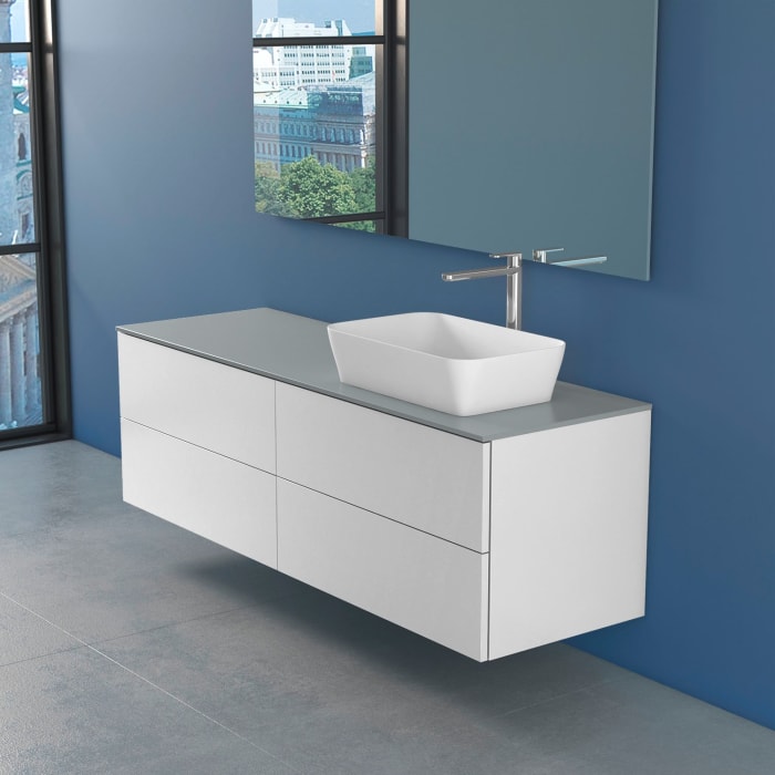 progettobagno Elba Unterschrank 160 cm Rechts  mit Glasplatte ohne Hahnlochbohrung und FLY 56 Aufsatzwaschtisch