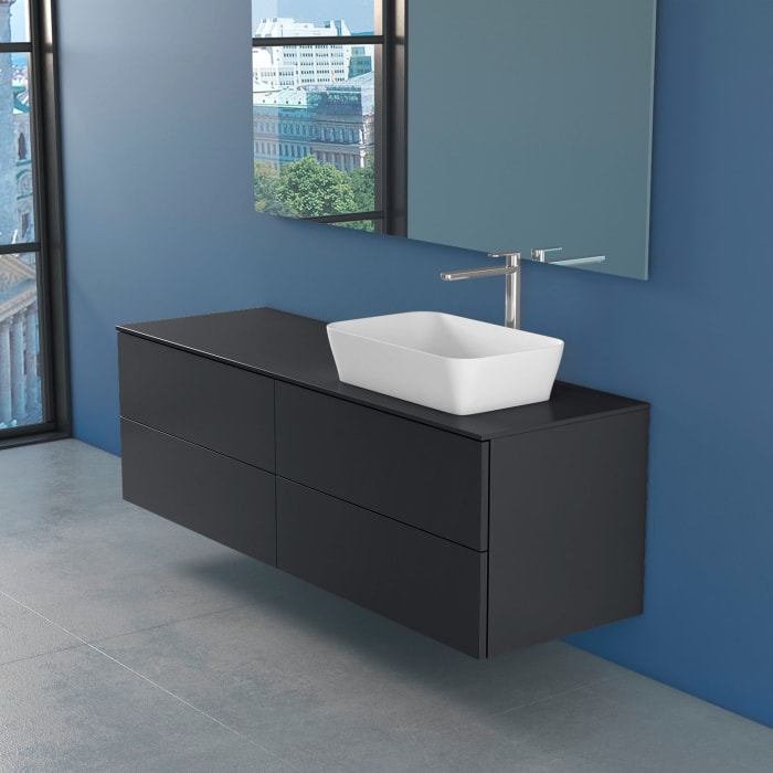 progettobagno Elba Unterschrank 160 cm Rechts  mit Glasplatte ohne Hahnlochbohrung und FLY 56 Aufsatzwaschtisch