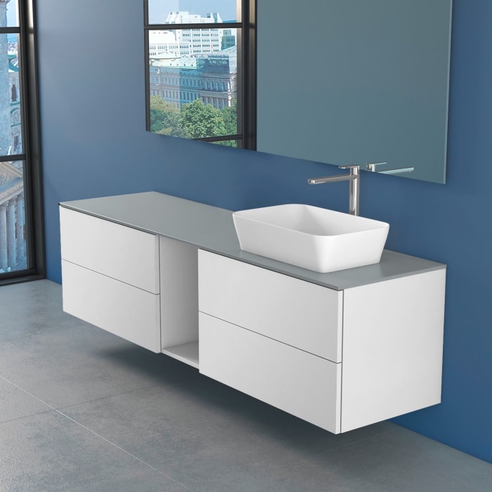 progettobagno Elba Unterschrank 190 cm Rechts mit Glasplatte, Hahnlochbohrung und FLY 56 Aufsatzwaschtisch