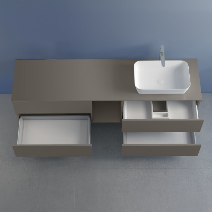progettobagno Elba Unterschrank 190 cm Rechts mit Glasplatte, Hahnlochbohrung und FLY 56 Aufsatzwaschtisch