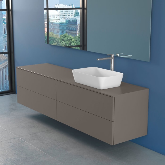 progettobagno Elba Unterschrank 200 cm Rechts mit Glasplatte, Hahnlochbohrung und FLY 56 Aufsatzwaschtisch