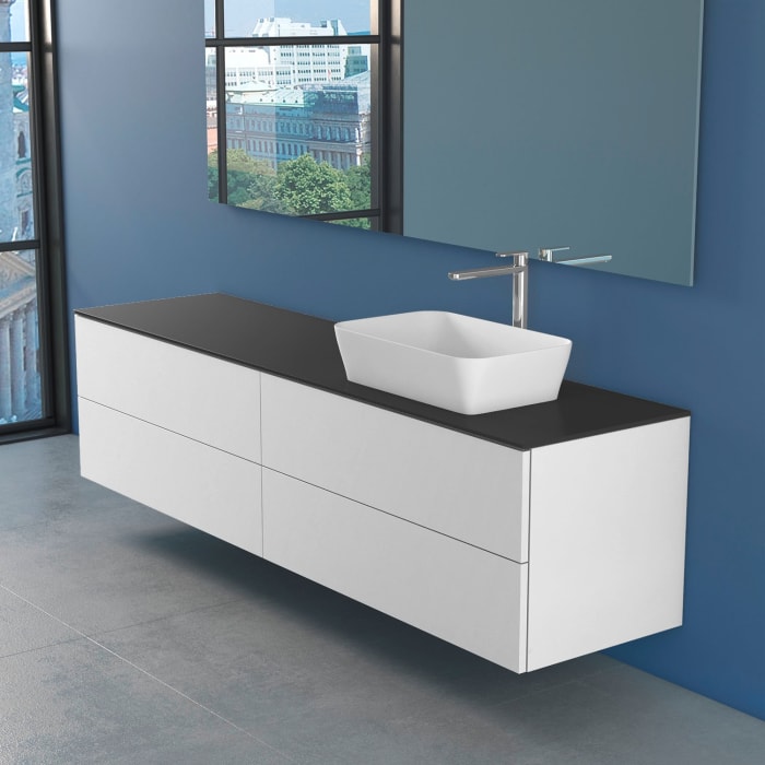 progettobagno Elba Unterschrank 200 cm Rechts mit Glasplatte ohne Hahnlochbohrung und FLY 56 Aufsatzwaschtisch