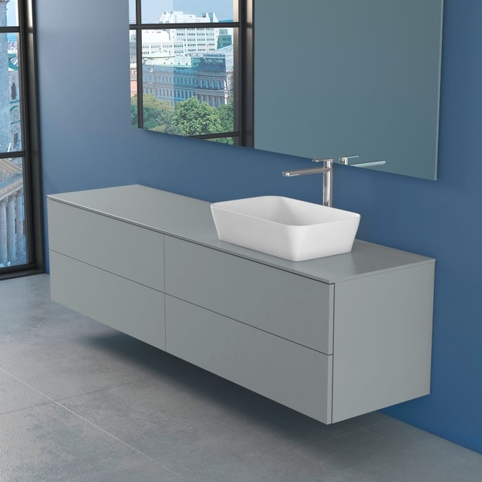 progettobagno Elba Unterschrank 200 cm Rechts mit Glasplatte ohne Hahnlochbohrung und FLY 56 Aufsatzwaschtisch