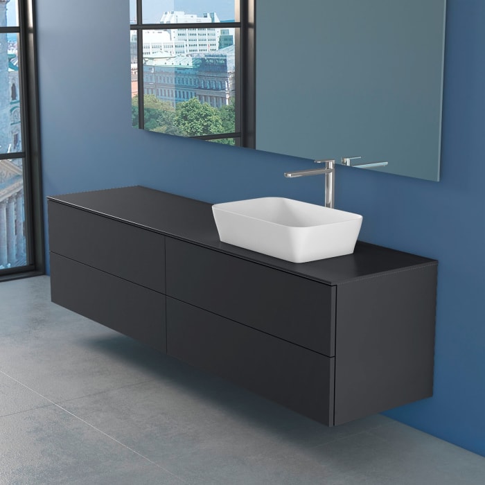 progettobagno Elba Unterschrank 200 cm Rechts mit Glasplatte, Hahnlochbohrung und FLY 56 Aufsatzwaschtisch