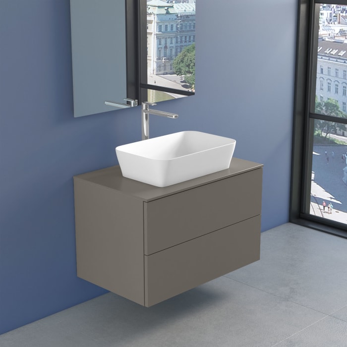 progettobagno Elba Unterschrank 80 cm mit Glasplatte, Hahnlochbohrung und FLY 56 Aufsatzwaschtisch