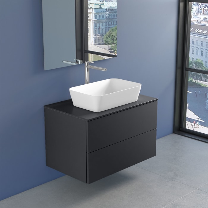 progettobagno Elba Unterschrank 80 cm mit Glasplatte ohne Hahnlochbohrung und FLY 56 Aufsatzwaschtisch