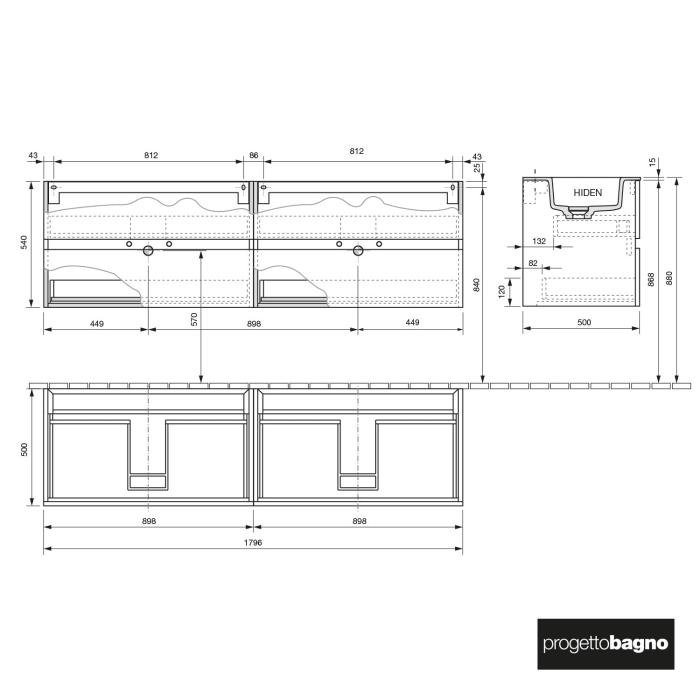 progettobagno Evo 54 Lago Doppel-Waschtisch mit Unterschrank 180 cm