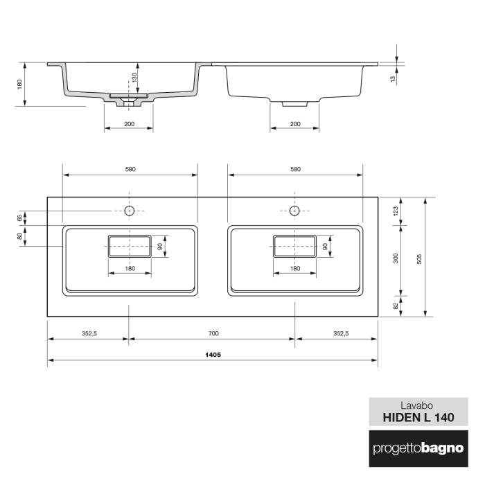 progettobagno Evo 54 Lago Uno Doppel-Waschtisch mit Unterschrank 140 cm