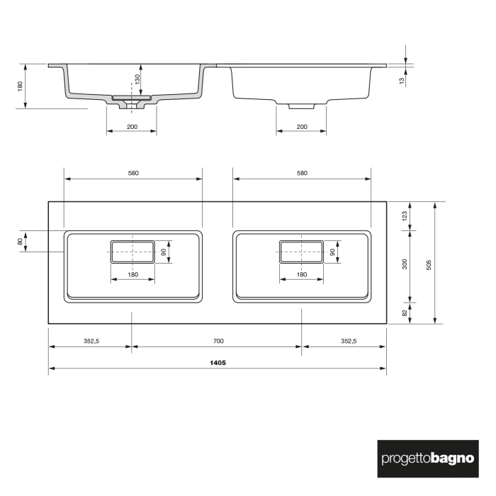 progettobagno Evo 54 Lago Uno Doppel-Waschtisch mit Unterschrank 140 cm ohne Hahnloch