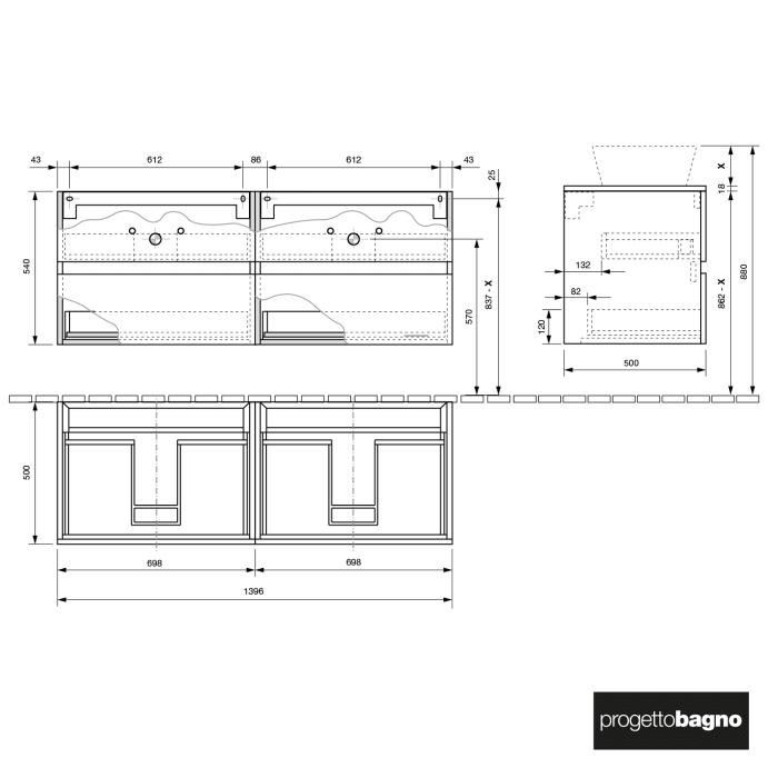 progettobagno Evo 54 Modular Doppel-Waschtischkonsole 140 cm