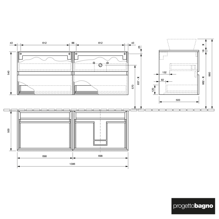 progettobagno Evo 54 Modular Waschtischkonsole 140 cm, Ausführung rechts