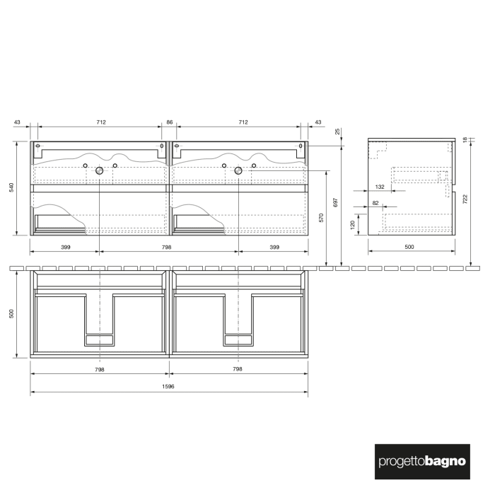 progettobagno Evo 54 Walnuss Vision Doppel -Waschtischkonsole 160 cm