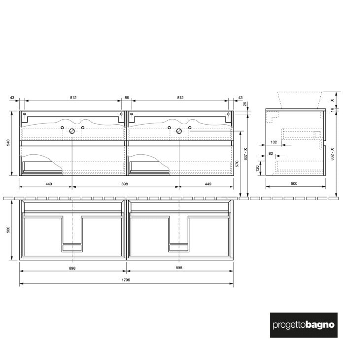 progettobagno Evo 54 Walnuss Vision Doppel-Waschtischkonsole 180 cm