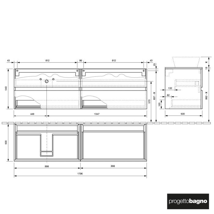 progettobagno Evo 54 Walnuss Vision Waschtischkonsole 180 cm, Ausführung links