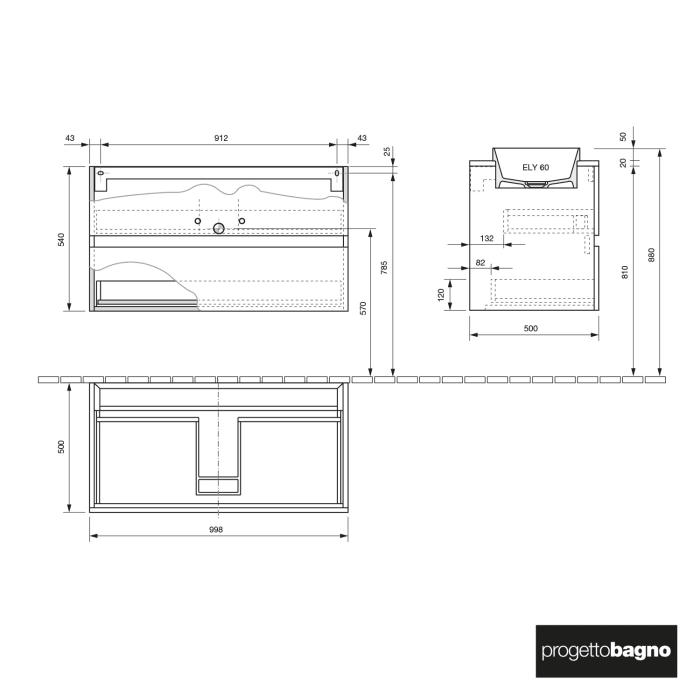 progettobagno Evo Marmi Unterschrank 100 cm mit Waschtischplatte,ohne Hahnlochbohrung und ELY 60 Einbauwaschtisch