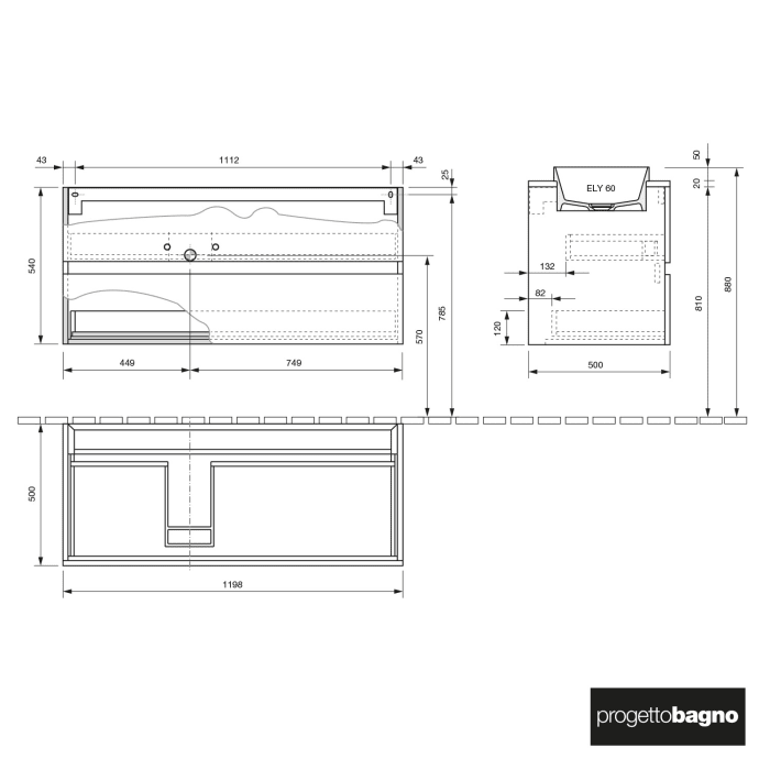 progettobagno Evo Marmi Unterschrank 120 cm mit Waschtischplatte, ohne Hahnlochbohrung und ELY 60 Einbauwaschtisch , Ausführung links