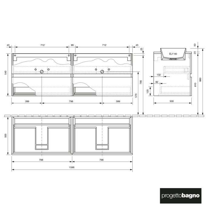progettobagno Evo Marmi Unterschrank 160 cm Waschtischplatte, ohne Hahnlochbohrung und ELY 60 Einbauwaschtisch